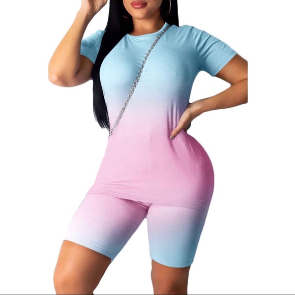 Tops - 2 Piece Tie Dye Short Sleeve High Waist Shorts Set